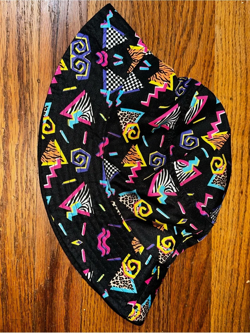 Black Bucket Hat with Neon Geometric Print, 90’s Y2K